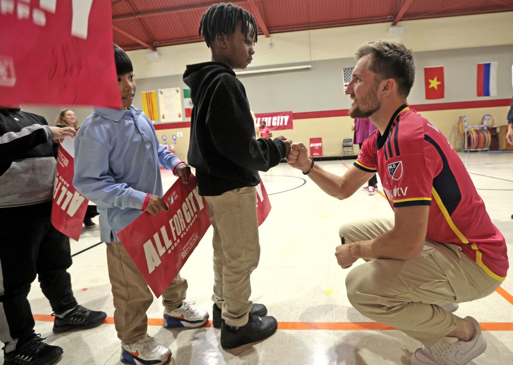 St. Louis City SC Indiana Vassilev and Jon Bell surprise students at Woerner Elementary School